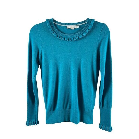 Boden Bernadette Wool Blend Ruffle Knit Crewneck Sweater Size 4 Blue *FLAWED* - Picture 1 of 9